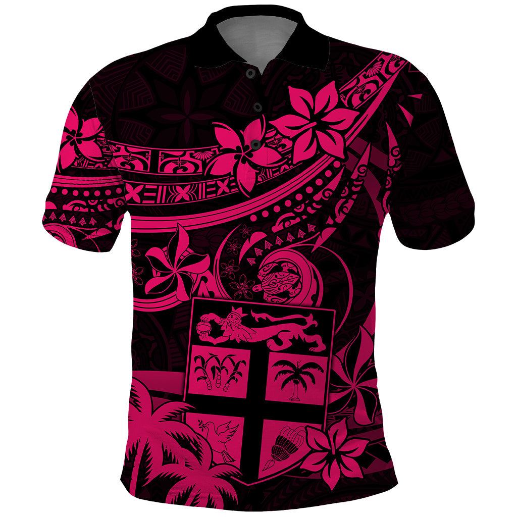 Fiji Islands Polo Shirt Coat of Arms Fijian Flower Polynesian Pattern - Pink