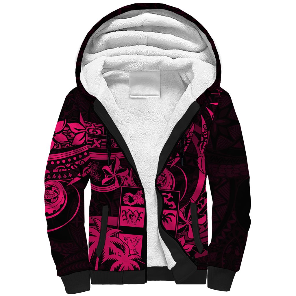 Fiji Islands Sherpa Hoodie Coat of Arms Fijian Flower Polynesian Pattern Pink
