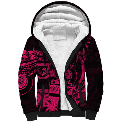Fiji Islands Sherpa Hoodie Coat of Arms Fijian Flower Polynesian Pattern Pink
