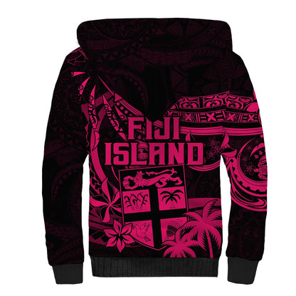 Fiji Islands Sherpa Hoodie Coat of Arms Fijian Flower Polynesian Pattern Pink
