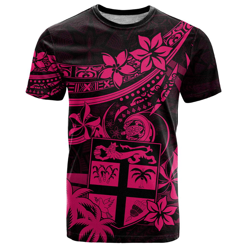 Fiji Islands T Shirt Coat of Arms Fijian Flower Polynesian Pattern Pink