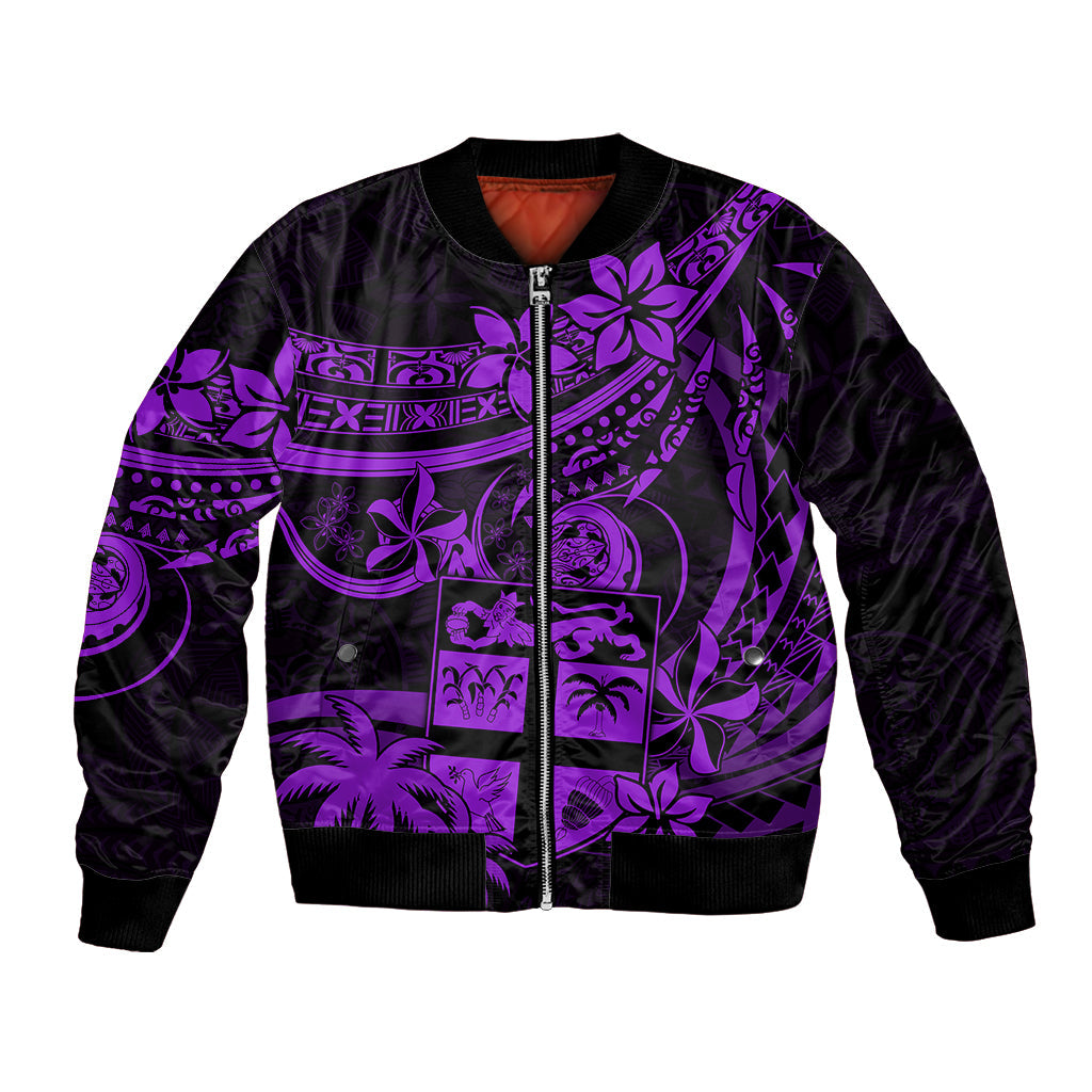 Fiji Islands Bomber Jacket Coat of Arms Fijian Flower Polynesian Pattern Purple