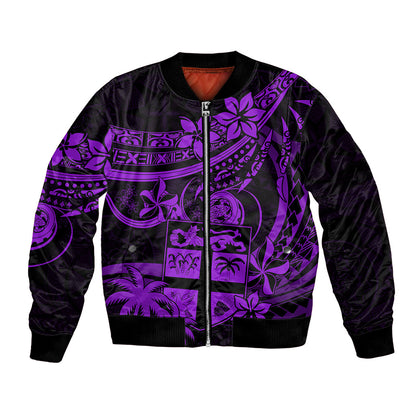 Fiji Islands Bomber Jacket Coat of Arms Fijian Flower Polynesian Pattern Purple