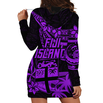 Fiji Islands Hoodie Dress Coat of Arms Fijian Flower Polynesian Pattern Purple