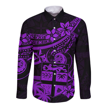 Fiji Islands Long Sleeve Button Shirt Coat of Arms Fijian Flower Polynesian Pattern Purple