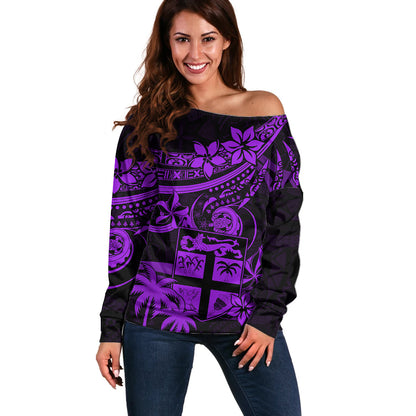 Fiji Islands Off Shoulder Sweater Coat of Arms Fijian Flower Polynesian Pattern Purple