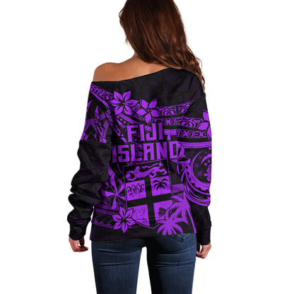 Fiji Islands Off Shoulder Sweater Coat of Arms Fijian Flower Polynesian Pattern Purple
