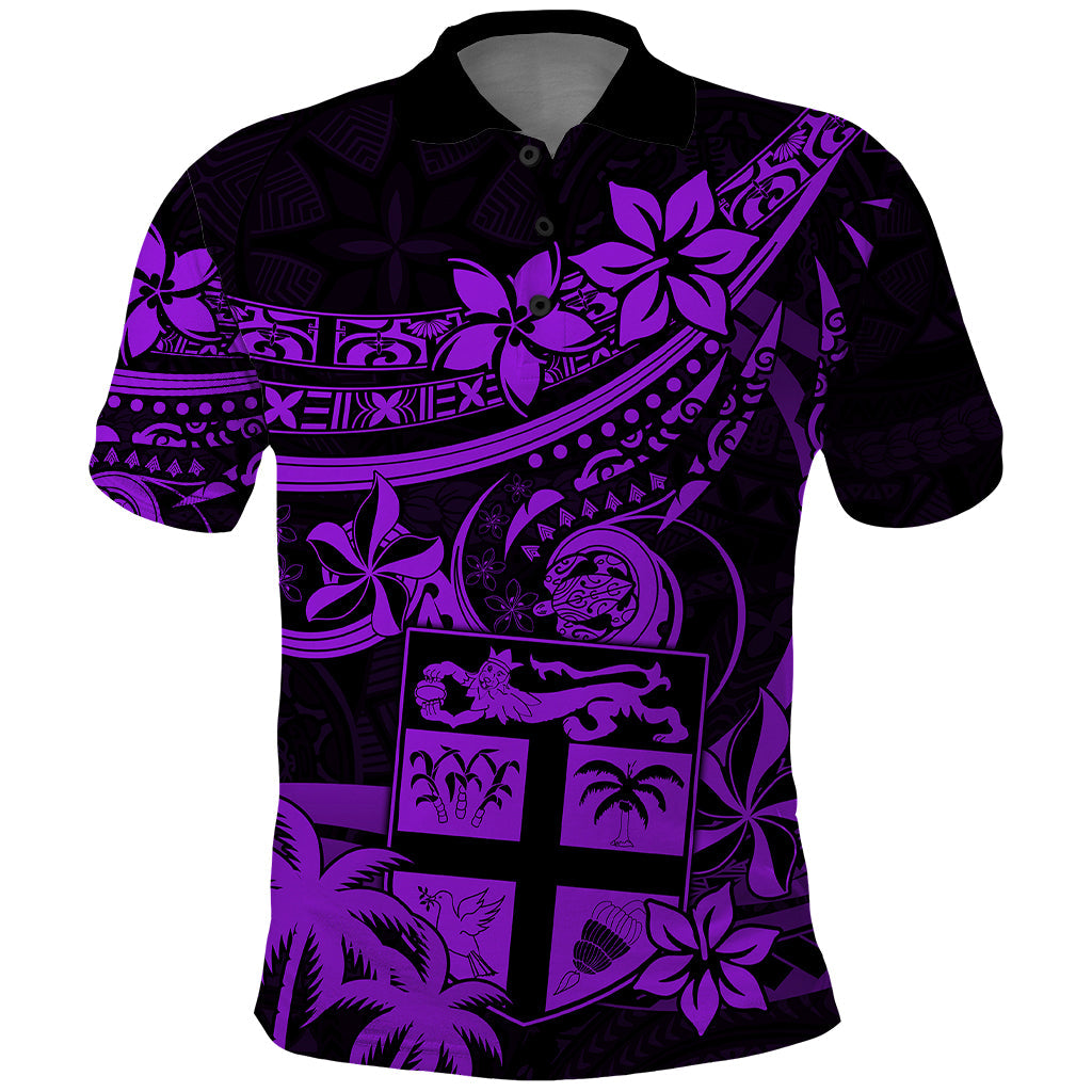 Fiji Islands Polo Shirt Coat of Arms Fijian Flower Polynesian Pattern - Purple