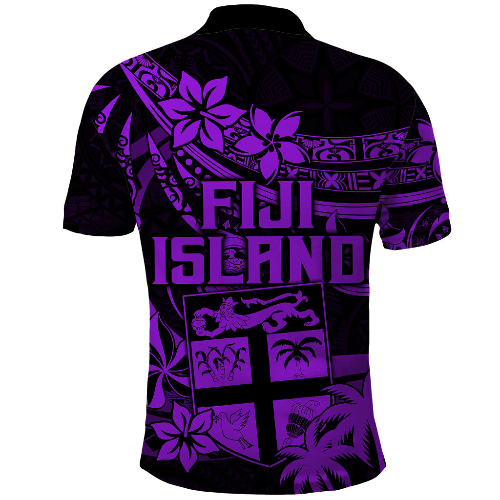 Fiji Islands Polo Shirt Coat of Arms Fijian Flower Polynesian Pattern - Purple