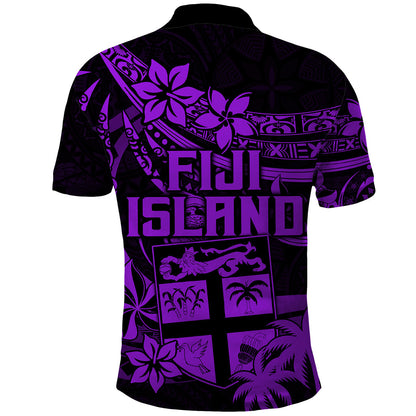 Fiji Islands Polo Shirt Coat of Arms Fijian Flower Polynesian Pattern - Purple