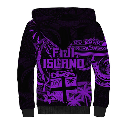 Fiji Islands Sherpa Hoodie Coat of Arms Fijian Flower Polynesian Pattern Purple