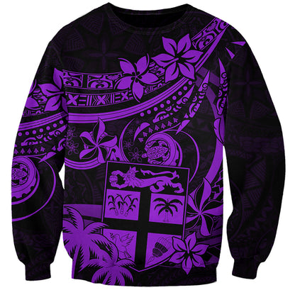Fiji Islands Sweatshirt Coat of Arms Fijian Flower Polynesian Pattern Purple