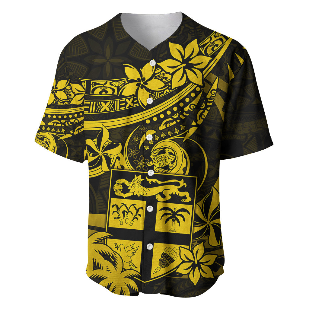 Fiji Islands Baseball Jersey Coat of Arms Fijian Flower Polynesian Pattern Yellow