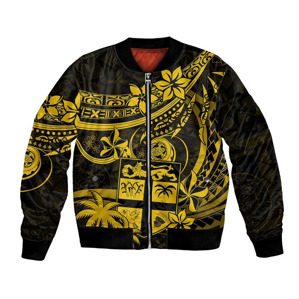 Fiji Islands Bomber Jacket Coat of Arms Fijian Flower Polynesian Pattern Yellow