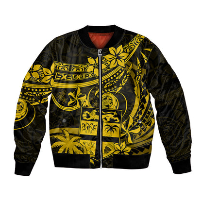 Fiji Islands Bomber Jacket Coat of Arms Fijian Flower Polynesian Pattern Yellow