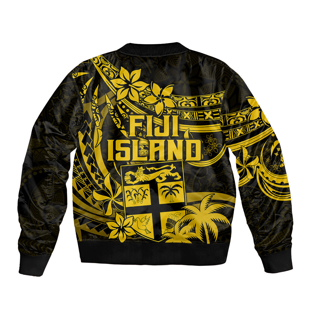Fiji Islands Bomber Jacket Coat of Arms Fijian Flower Polynesian Pattern Yellow