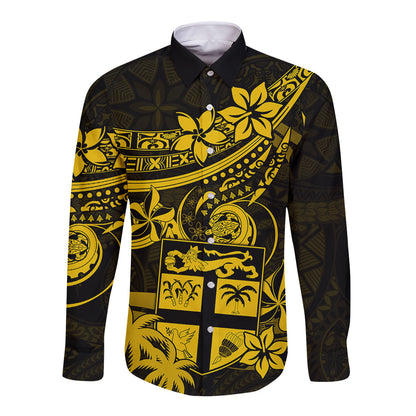 Fiji Islands Long Sleeve Button Shirt Coat of Arms Fijian Flower Polynesian Pattern Yellow