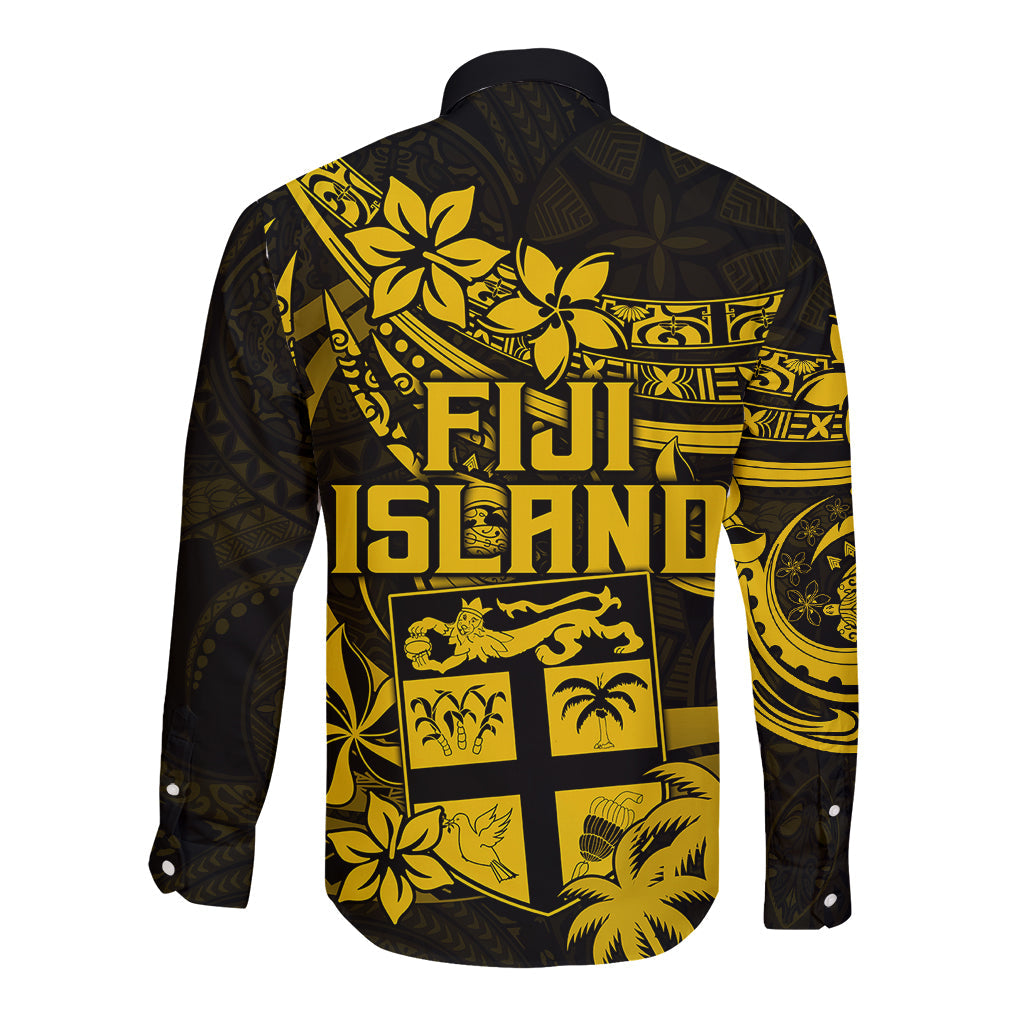 Fiji Islands Long Sleeve Button Shirt Coat of Arms Fijian Flower Polynesian Pattern Yellow