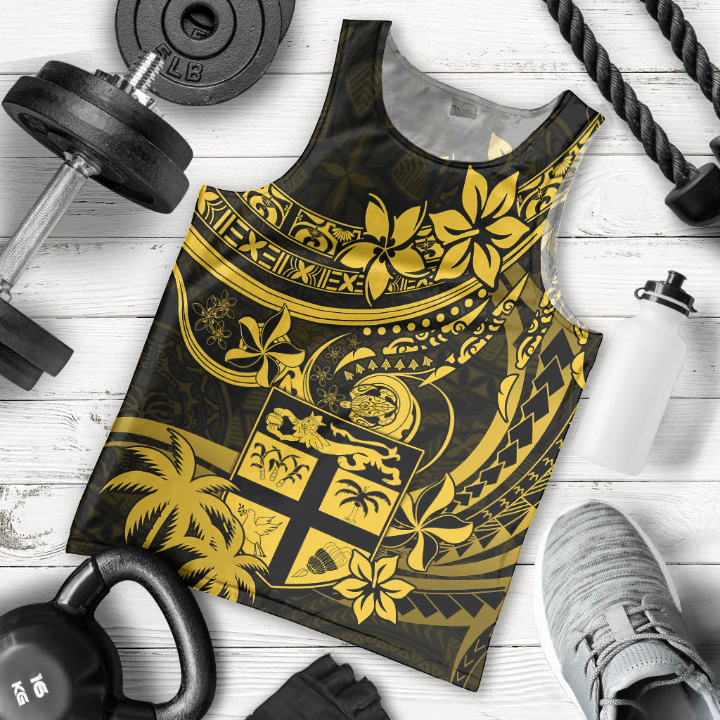 Fiji Islands Men Tank Top Coat of Arms Fijian Flower Polynesian Pattern Yellow