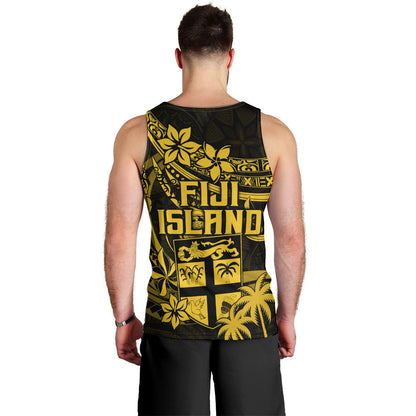Fiji Islands Men Tank Top Coat of Arms Fijian Flower Polynesian Pattern Yellow