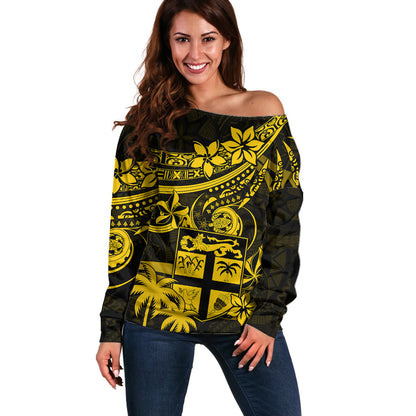 Fiji Islands Off Shoulder Sweater Coat of Arms Fijian Flower Polynesian Pattern Yellow