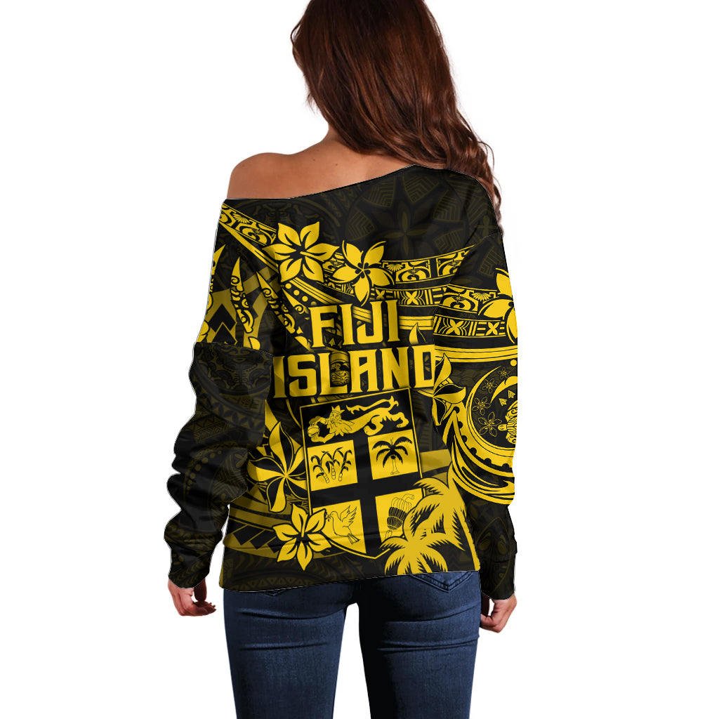 Fiji Islands Off Shoulder Sweater Coat of Arms Fijian Flower Polynesian Pattern Yellow