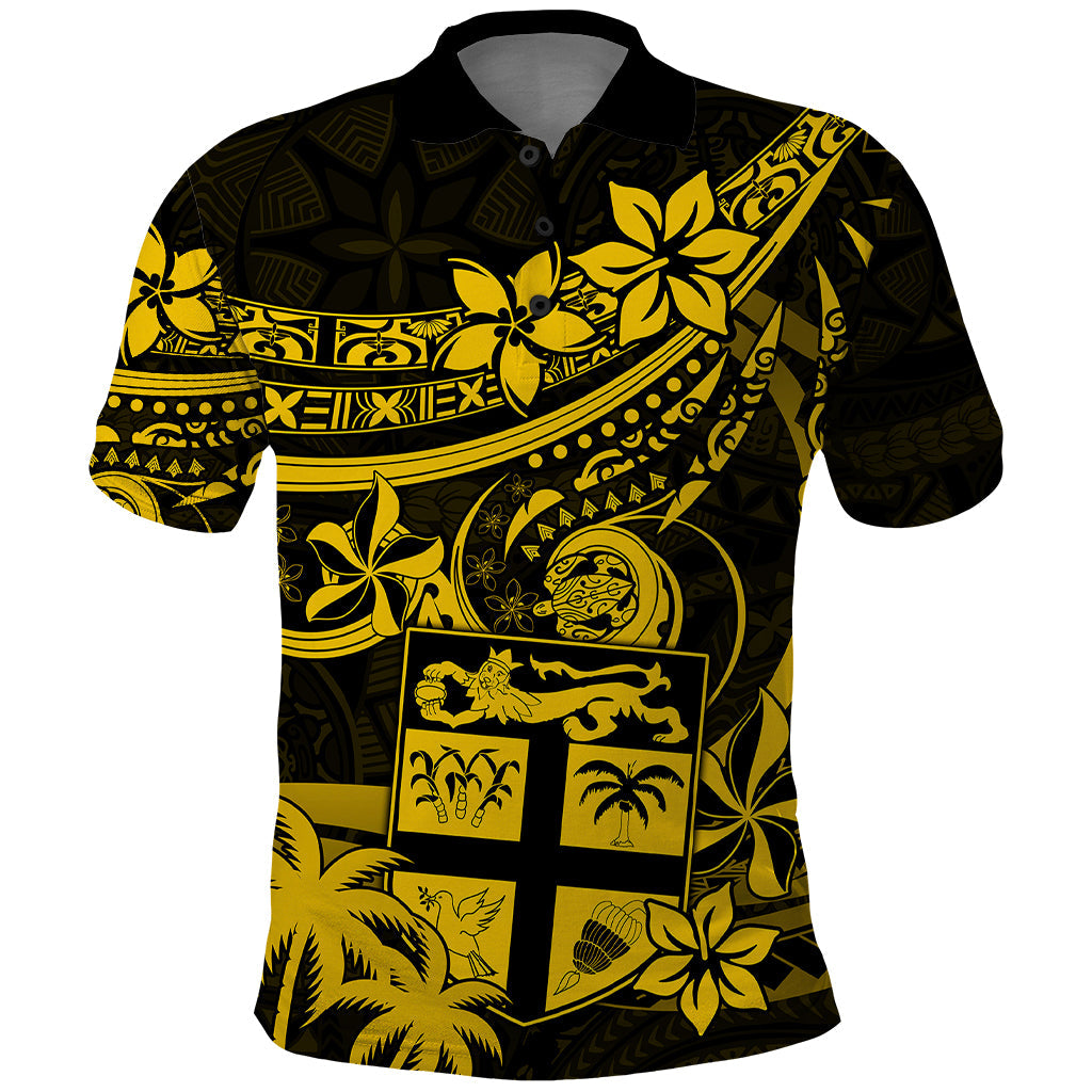 Fiji Islands Polo Shirt Coat of Arms Fijian Flower Polynesian Pattern - Yellow