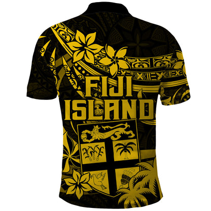 Fiji Islands Polo Shirt Coat of Arms Fijian Flower Polynesian Pattern - Yellow