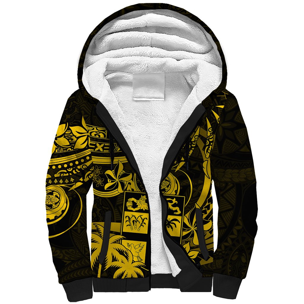 Fiji Islands Sherpa Hoodie Coat of Arms Fijian Flower Polynesian Pattern Yellow