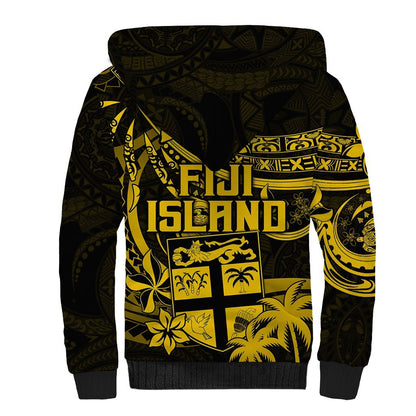 Fiji Islands Sherpa Hoodie Coat of Arms Fijian Flower Polynesian Pattern Yellow