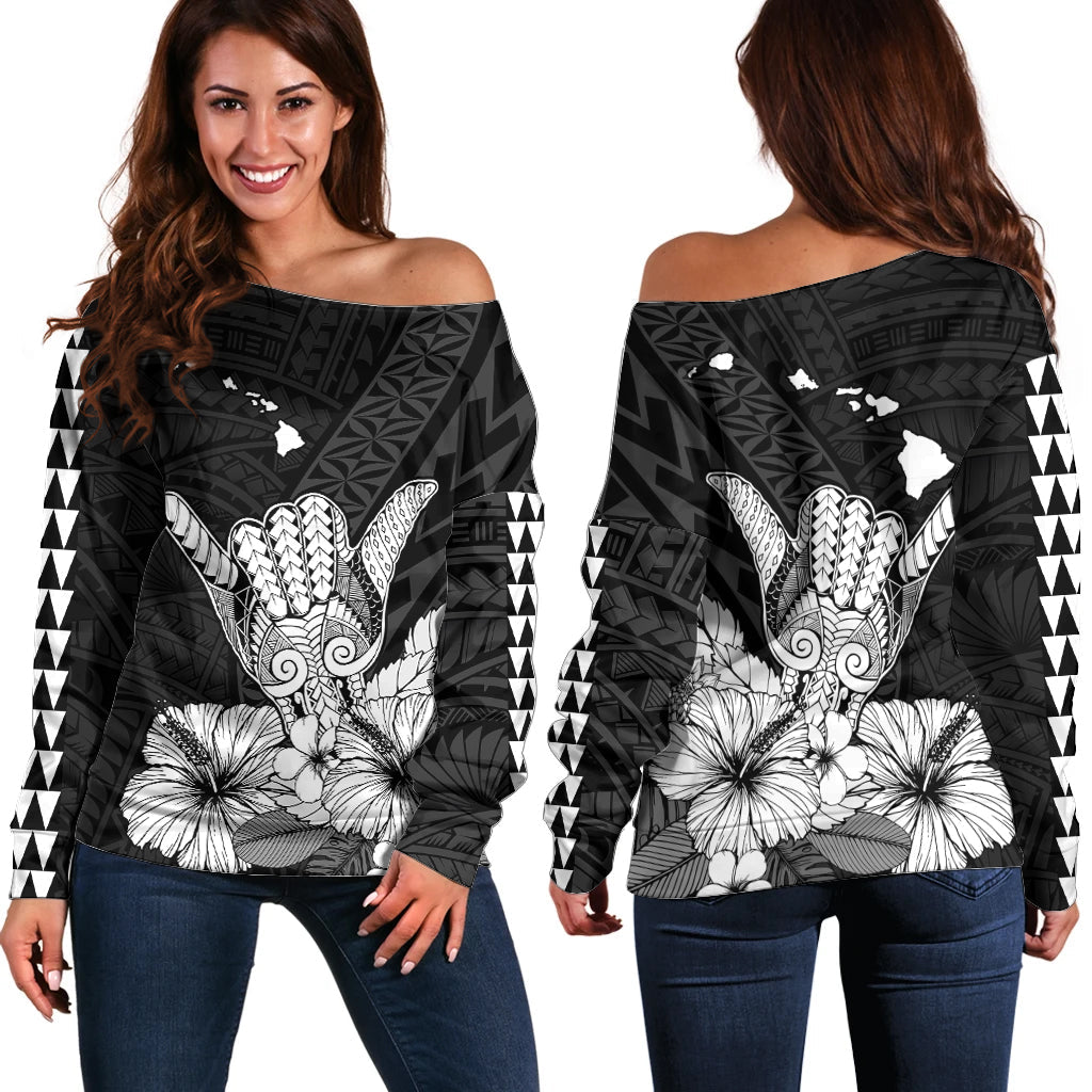 Hawaii Shaka Sign Off Shoulder Sweater Black Version