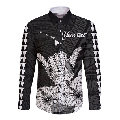 (Custom Personalised) Hawaii Shaka Sign Long Sleeve Button Shirt Black Version