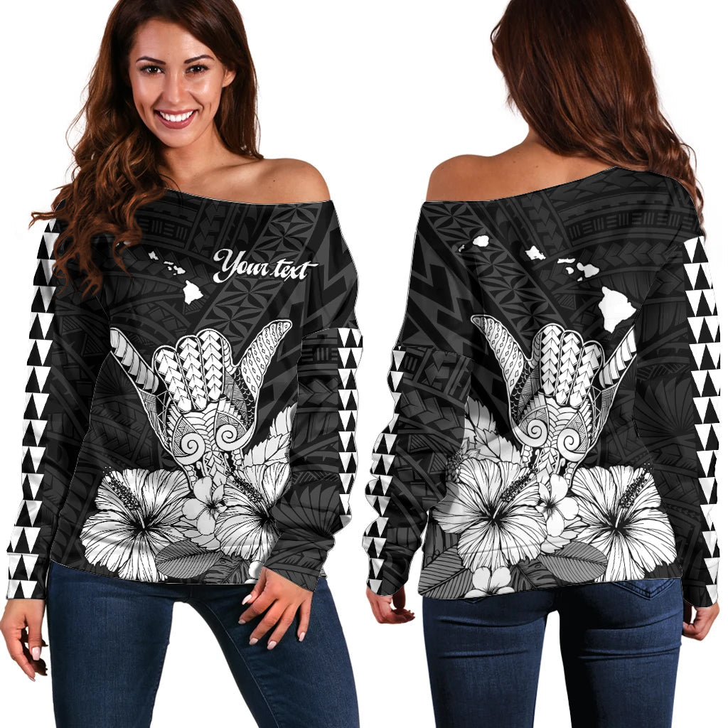 (Custom Personalised) Hawaii Shaka Sign Off Shoulder Sweater Black Version