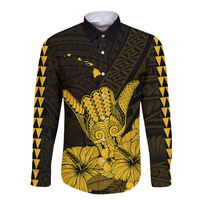 Hawaii Shaka Sign Long Sleeve Button Shirt Gold Version