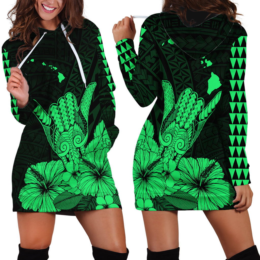 Hawaii Shaka Sign Hoodie Dress Green Version