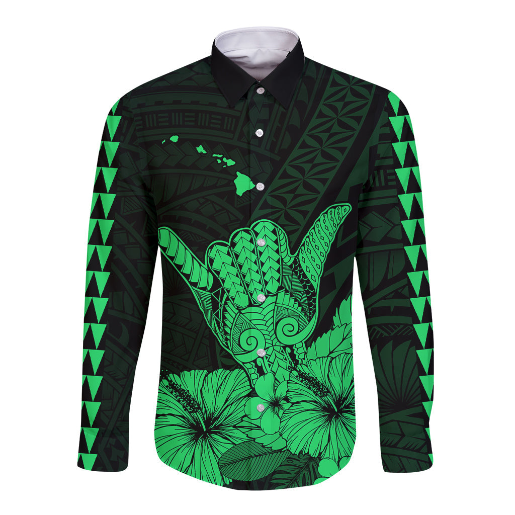 Hawaii Shaka Sign Long Sleeve Button Shirt Green Version
