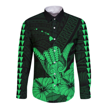 Hawaii Shaka Sign Long Sleeve Button Shirt Green Version