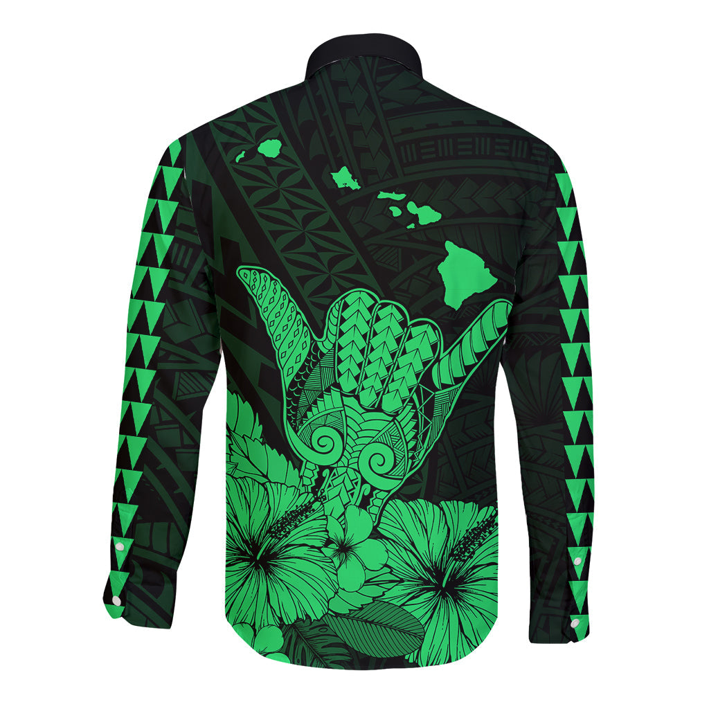 Hawaii Shaka Sign Long Sleeve Button Shirt Green Version
