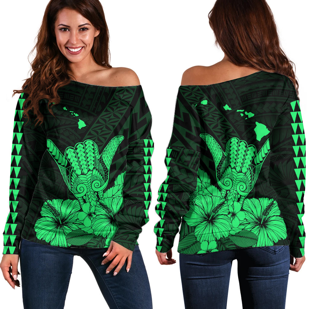 Hawaii Shaka Sign Off Shoulder Sweater Green Version