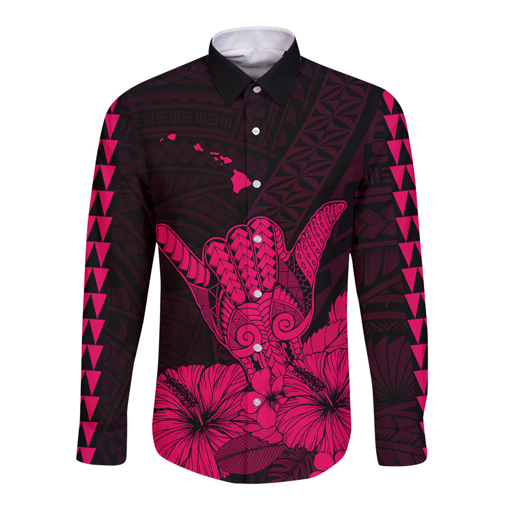 Hawaii Shaka Sign Long Sleeve Button Shirt Pink Version