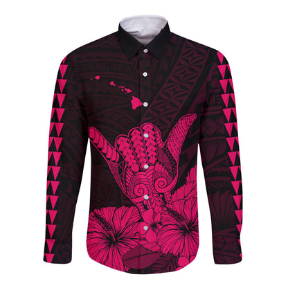 Hawaii Shaka Sign Long Sleeve Button Shirt Pink Version