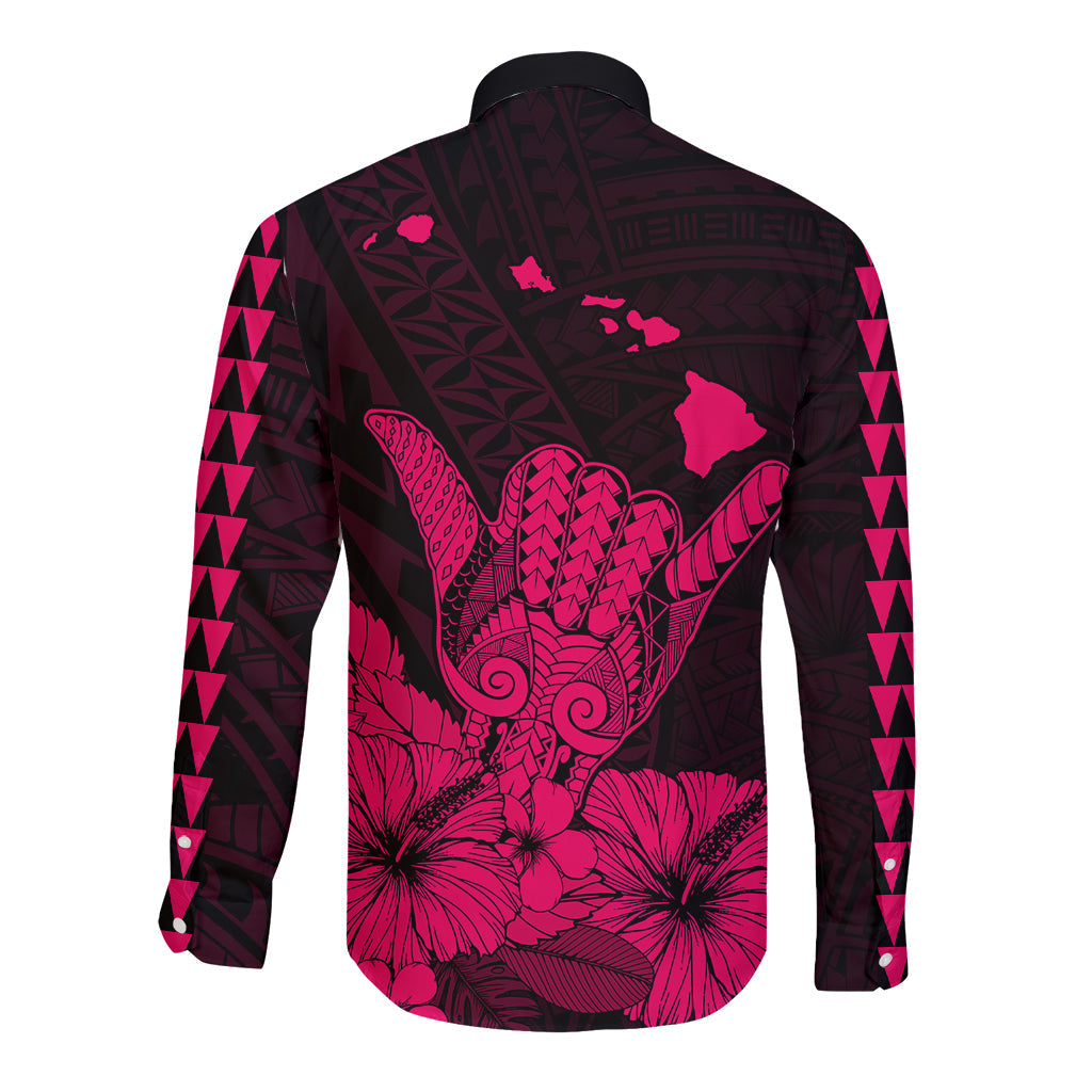 Hawaii Shaka Sign Long Sleeve Button Shirt Pink Version