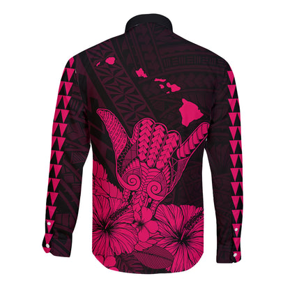 Hawaii Shaka Sign Long Sleeve Button Shirt Pink Version