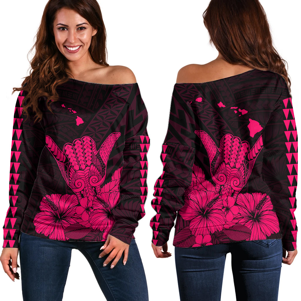 Hawaii Shaka Sign Off Shoulder Sweater Pink Version