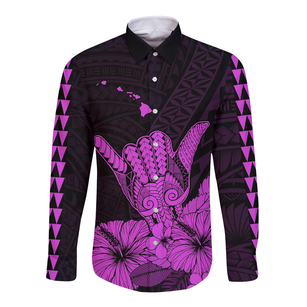 Hawaii Shaka Sign Long Sleeve Button Shirt Purple Version