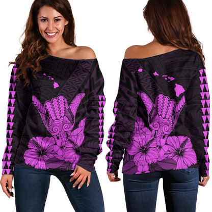 Hawaii Shaka Sign Off Shoulder Sweater Purple Version