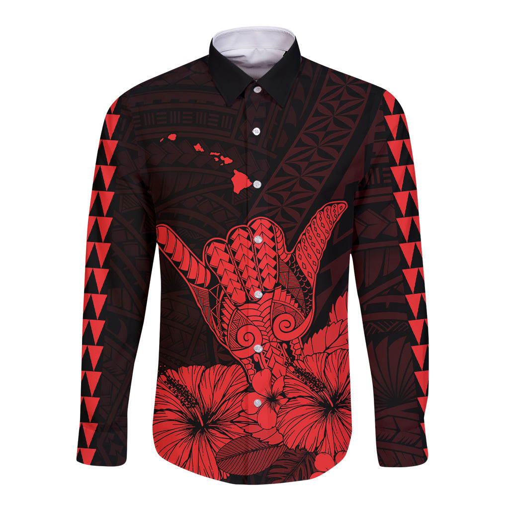Hawaii Shaka Sign Long Sleeve Button Shirt Red Version