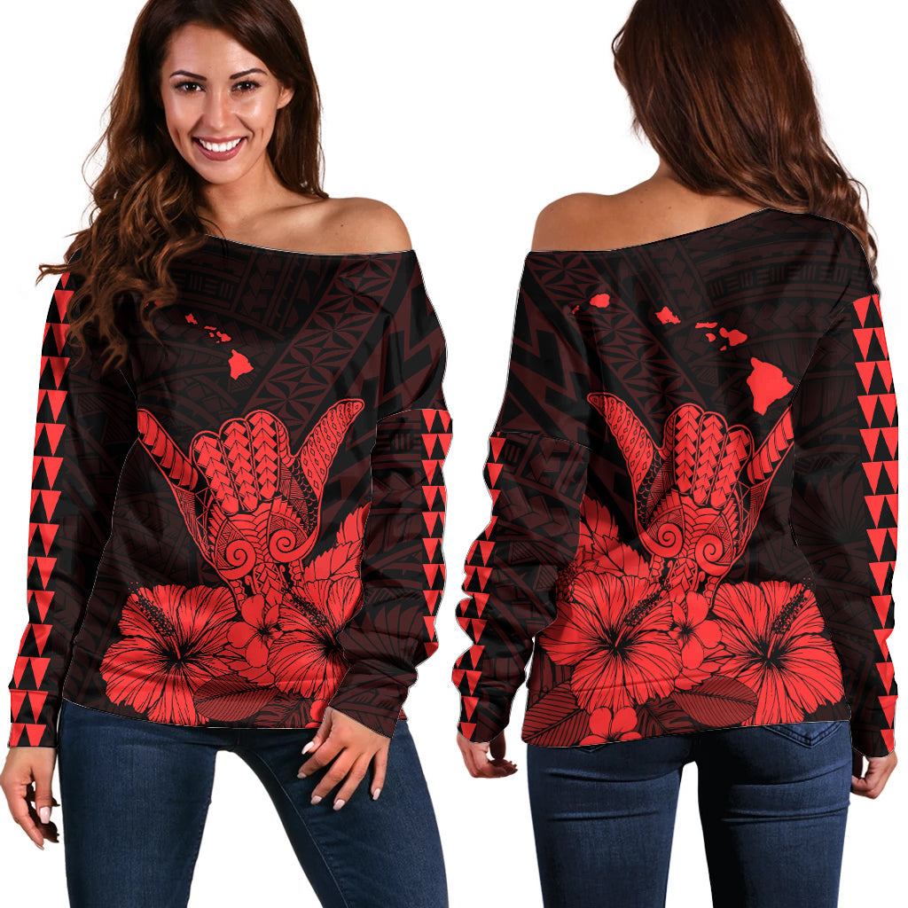 Hawaii Shaka Sign Off Shoulder Sweater Red Version