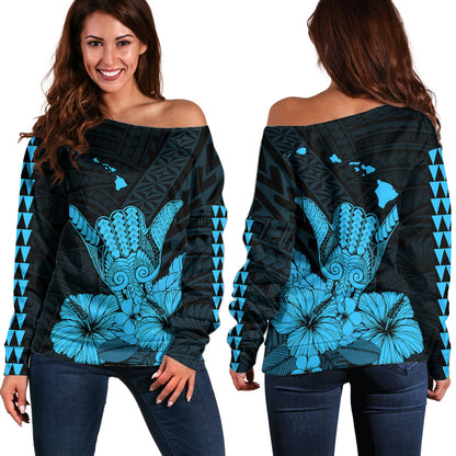 Hawaii Shaka Sign Off Shoulder Sweater Blue Version