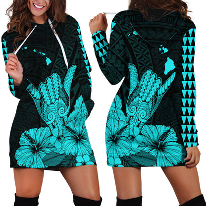 Hawaii Shaka Sign Hoodie Dress Turquoise Version